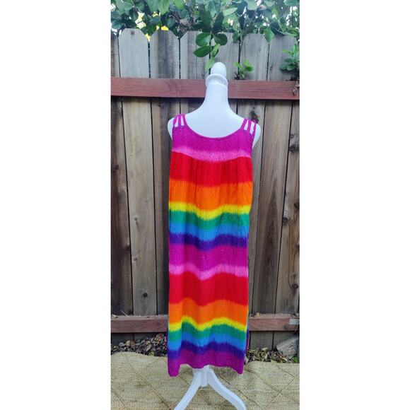VTG 90s Vanee Rainbow Stripe Sundress Boho Strappy Maxi Dress Dopamine Festival - Picture 4 of 5